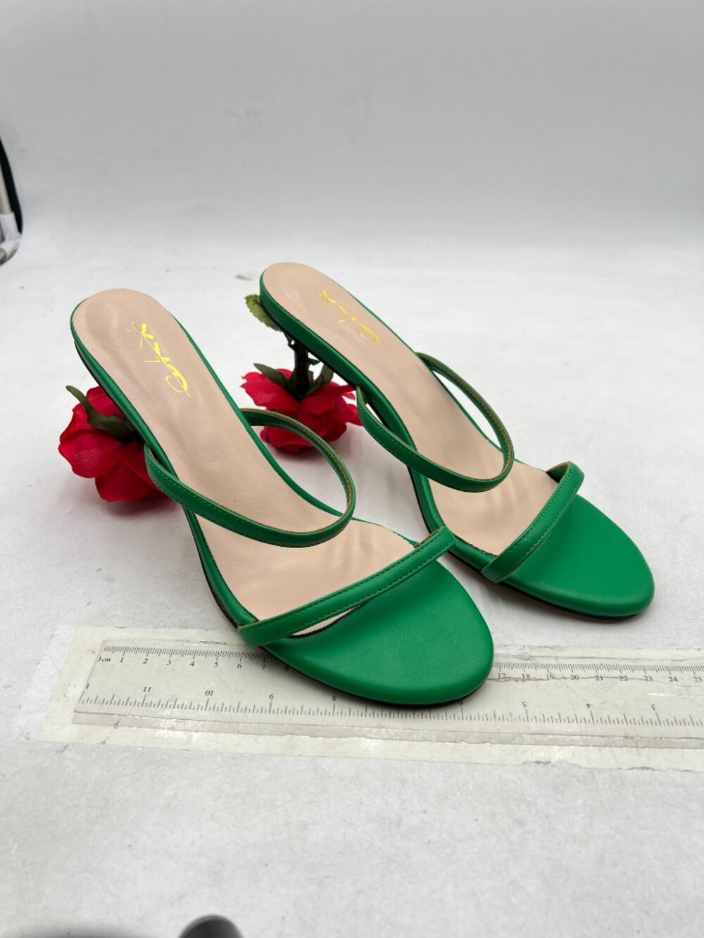 XYD Green Romantic Rose Heel Summer Two Slender Straps Open Toe Slip On Sandals - Picture 4 of 8